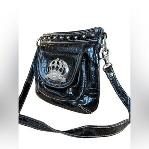 Kathy Van Zeeland Y2K Goth Black Croc Crossbody Bag Studded Crown